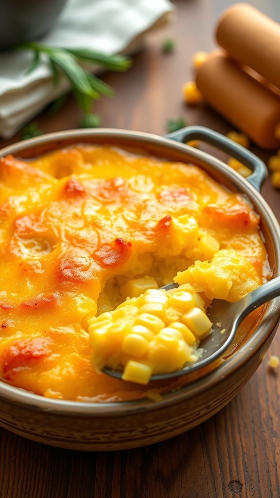 A golden corn pudding in a rustic dish, garnished with herbs, on a wooden table.